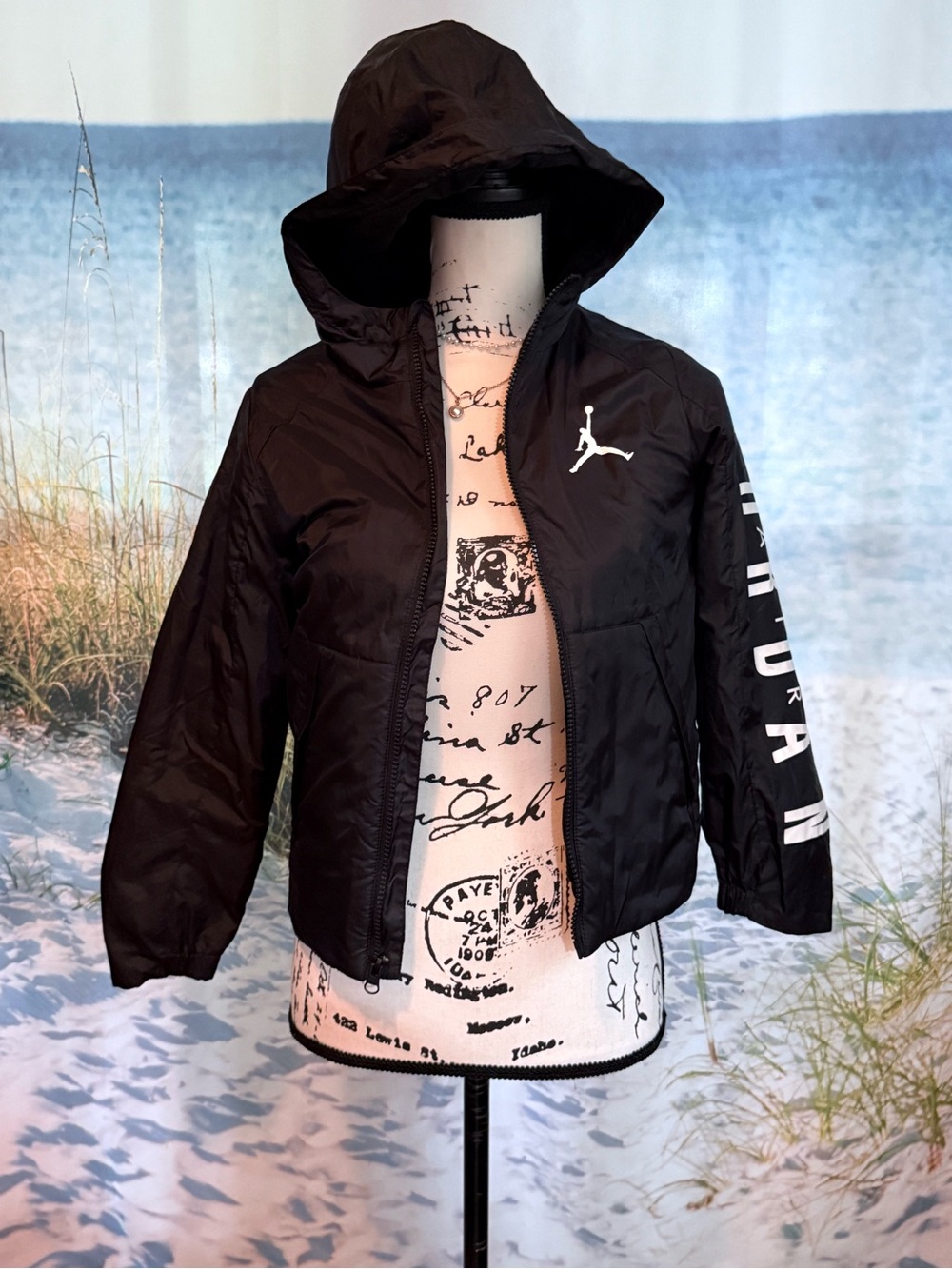 Jordan Black Hooded Puffer with White Logo for Kids